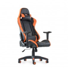 Кресло Barneo K-52 черная кожа оранжевые вставки, газлифт 3кл, реклайнер игровое